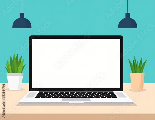 A clean workspace with an open laptop displaying a blank screen, flanked by two potted plants and illuminated by two hanging lamps against a teal wall.