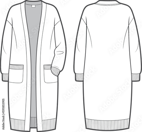 Vector flat sketch of long open front cardigan with patch pockets, ribbed cuffs and hem, cozy casual knitwear fashion template.