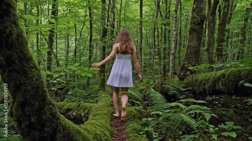 Barefoot Girl Walks on Mossy Log in Lush Green Forest - Serene Nature Scene