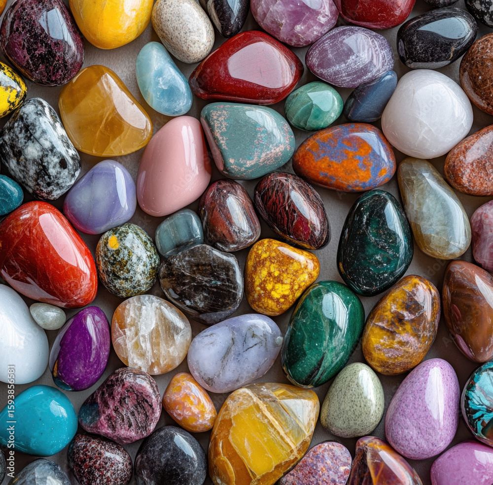 Vibrant collection of polished gemstones showcases variety of colors and textures, including red, green, blue, and purple stones. smooth, glossy surfaces reflect light beautifully, creating Vibrant collection of polished gemstones showcases variety of colors and textures, including red, green, blue, and purple stones. smooth, glossy surfaces reflect light beautifully, creating