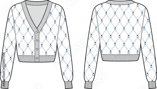 Cropped button cardigan flat sketch, front and back view, long sleeve sweater design, diamond pattern knitwear technical drawing, fashion template