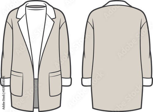 Flat sketch of women’s coat with lapel collar, patch pockets, cuff sleeves, front and back view, fashion design illustration.