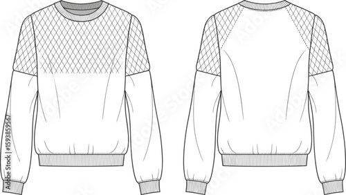 Fashion flat sketch of women's sweatshirt with quilted yoke, ribbed cuffs and hem, front and back view, technical illustration