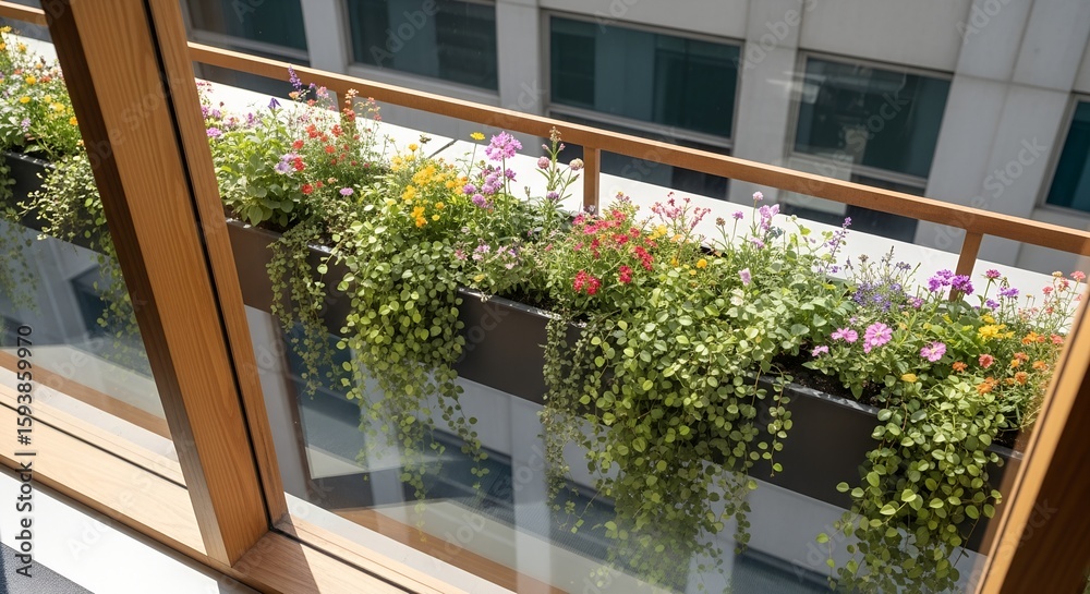 Fototapeta premium A vibrant blooming window box, bursting with colorful flowers and trailing green vines, adds a touch of nature to a modern office building, reflecting the biophilic workplace theme.