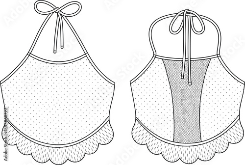 Flat sketch of women’s halter top with lace back detail, scalloped hem, sleeveless design, tie neck, fashion technical illustration.