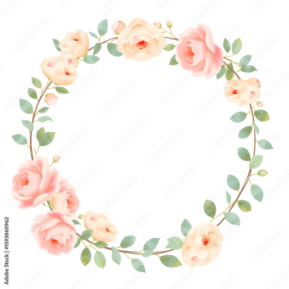 Fototapeta premium Elegant Floral Wreath Illustration with Pastel Roses and Lush Greenery for Invitations and Creative Projects