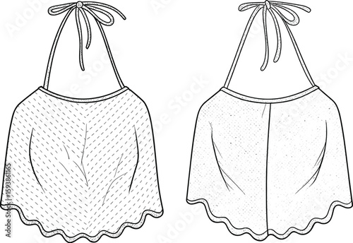 Flat sketch of women’s halter neck crop top with tie back, scalloped hem, sleeveless design, front and back view illustration.