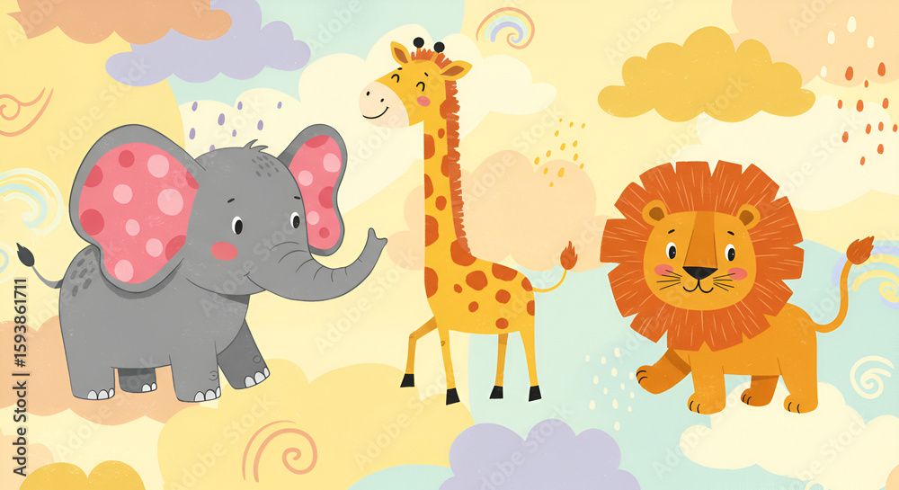 Naklejka premium Cheerful Cartoon Animals Elephant Giraffe Lion on Colorful Cloudy Background Illustration