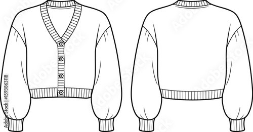 Loose fit cardigan flat sketch, front and back view, ribbed cuff detail, balloon sleeve sweater design, technical fashion illustration