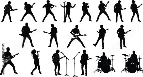 Silhouettes of musicians playing guitar, singing, drumming on stage, live concert performance, rock band set, music show illustration