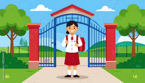A smiling schoolgirl standing in front of a school gate, ready for class.
