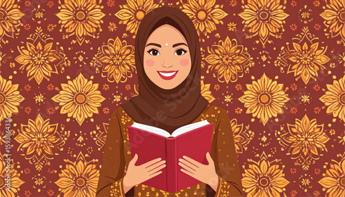 Smiling woman in hijab, holding a book, against a patterned background.