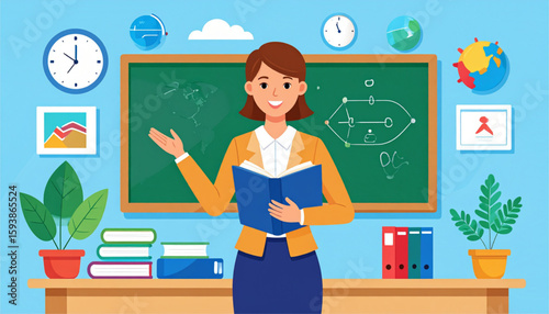 A smiling teacher stands in front of a chalkboard, teaching a lesson.