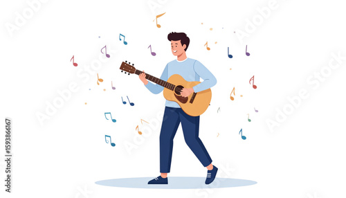 A man plays an acoustic guitar surrounded by musical notes in a cheerful, illustrative style.