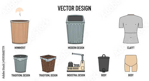 Illustration showing various trash can designs and body models with labeled descriptions in vector format on transparent background