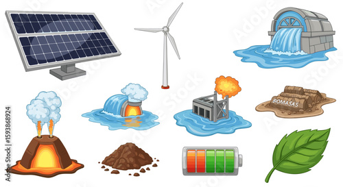 Illustration showing various energy sources including renewable and non renewable resources types and battery on transparent background