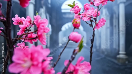Blooming Cherry Blossoms in Mystical Architectural Setting