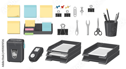 Illustration of office supplies including sticky notes paper clips shredder and desk organizers on white background on transparent background