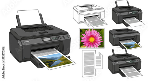 Illustration showing multiple printers with printed documents and a single pink flower image near them on transparent background