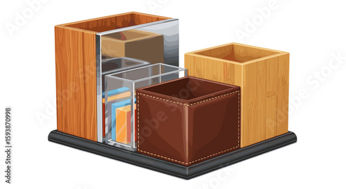 A desk organizer with wooden and leather compartments for office supplies and stationery items displayed on transparent background