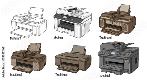 Illustration of six different printer designs showcasing various styles including modern and traditional looks on transparent background