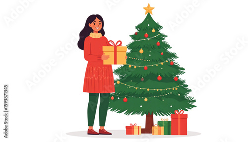 A woman standing near a decorated Christmas tree, holding a wrapped present.