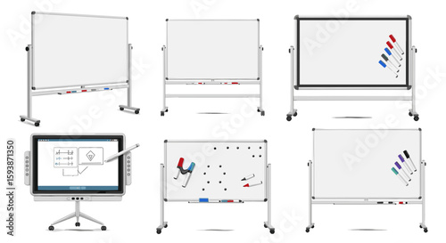 Collection of whiteboards and interactive displays for presentations and collaborative work environments on transparent background