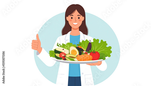 A smiling woman in a lab coat holds a plate of fresh vegetables, giving a thumbs up.