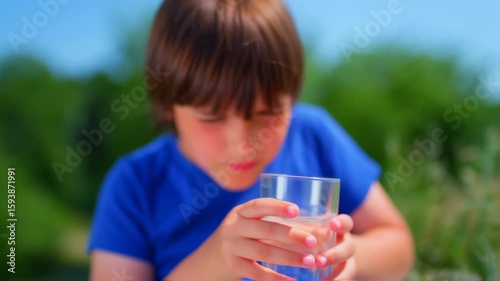Boy Drinks Water Outdoors: Refreshing Hydration, Healthy Lifestyle