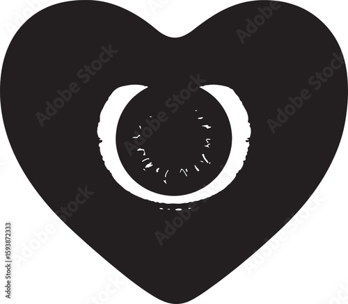 Artistic black and white heart with an eye design symbolizing love and perception