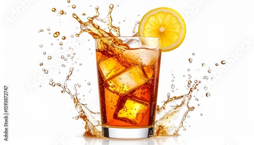 Refreshing iced tea splashing in a glass with ice cubes and lemon.