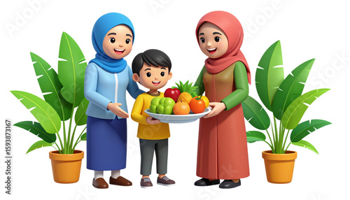 A Muslim family, mother, father, and son, happily present a bowl of fresh fruit.