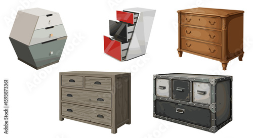 Illustration showcasing a diverse collection of chest of drawers with varying styles and designs nicely put on transparent background