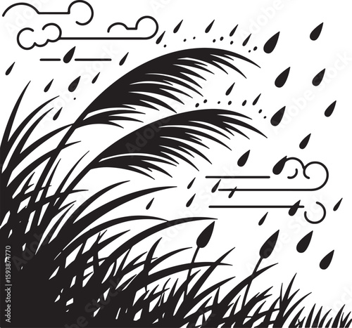 Black and white vector illustration depicting windy rain and field grasses in nature