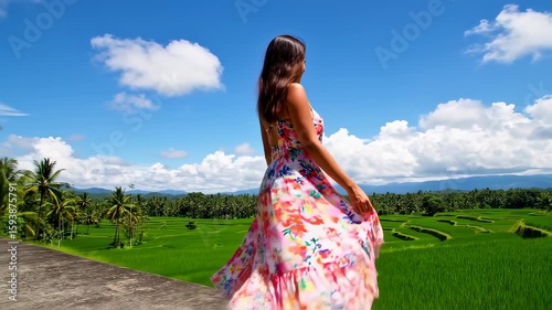Woman in Floral Dress Walks Through Lush Rice Terraces