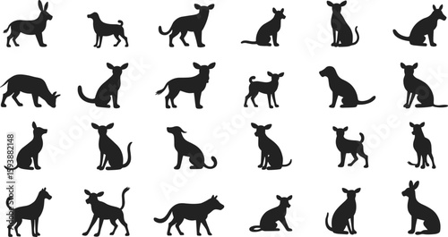 Diverse canine silhouettes in various poses black white