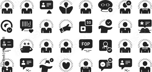 Person icons with radiating lines and various symbols graphic
