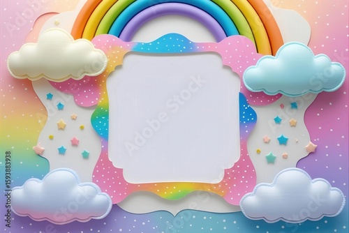 Whimsical rainbow cloud frame with a unicorn silhouette, castle, and dreamy pastel sky. A magical fantasy border for a girl's birthday invitation, nursery art, or fairy tale themes