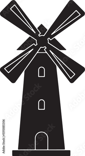 Silhouette illustration of a traditional dutch windmill in a simple black and white design