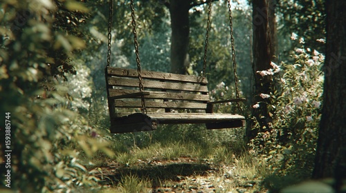 Wooden swing in a lush forest