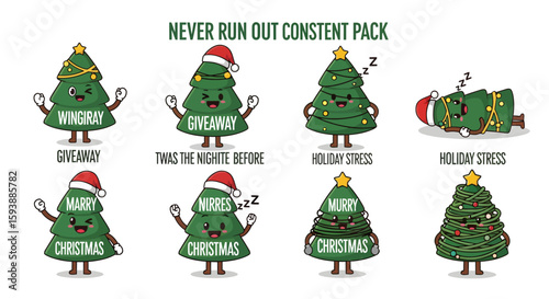 A festive cartoon collection features quirky Christmas trees with playful expressions and holiday-themed messages, adding joy to seasonal designs.