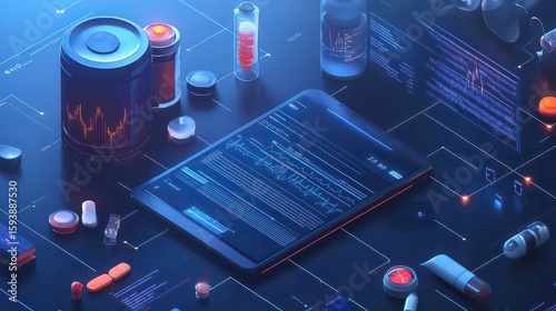 Wallpaper Mural Close up of a tablet with graphs and various medical supplies on a dark blue surface with grid lines Torontodigital.ca