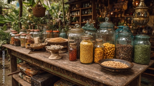 Wooden table filled with herbs and spices in a shop