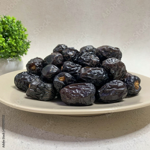 A bountiful plate of authentic Ajwa dates, known for their unique dark color and rich flavor.