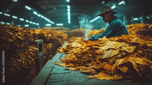 Worker Handling Tobacco Leaves in Warehouse