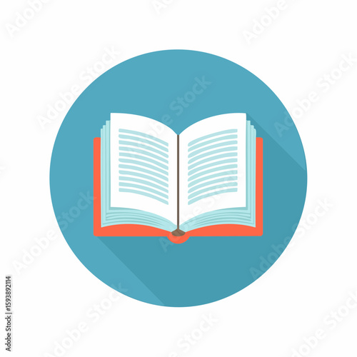 Open book illustration with pages and red cover, set against a blue circular background.
