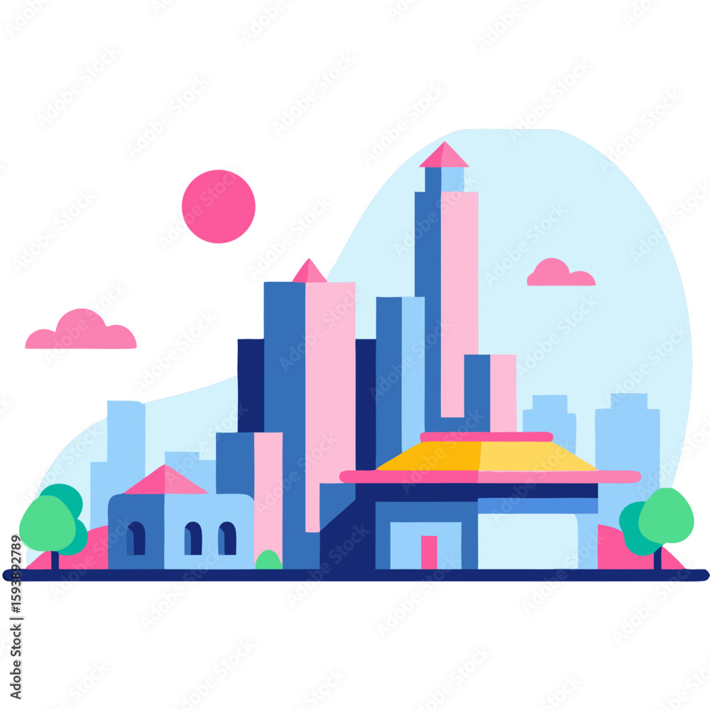 Obraz premium Colorful, stylized cityscape illustration featuring various buildings and a serene atmosphere.
