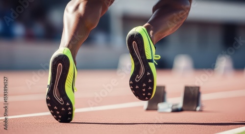Athlete Exploding From Starting Blocks on Track Ready for Sprint Competition