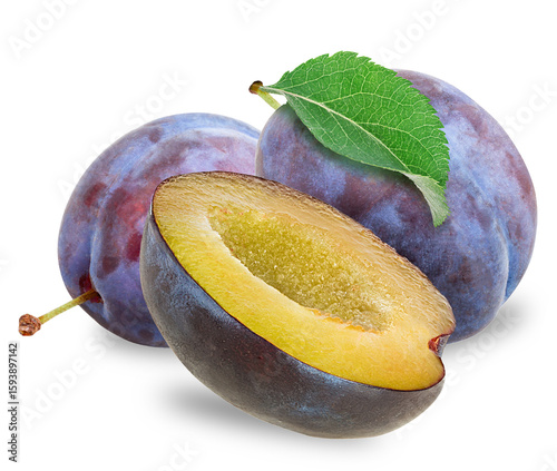 Tableau sur toile fresh plums with leaf, isolated on transparent background.