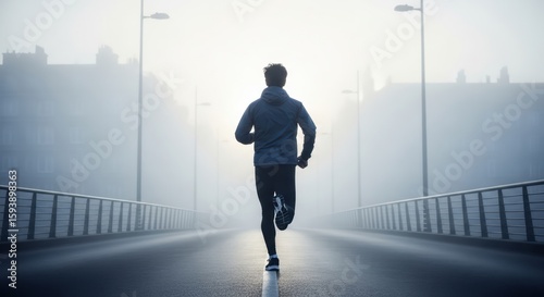 Man Running on a Bridge During a Foggy Morning Exercise Routine